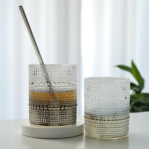 Image of Kookee Jupiter Vintage Hobnail Bubble Glass Double Old Fashioned Whiskey Tumbler | Cocktail Drinking Glasses Set of 6 | 300ml Textured Barware (12227)