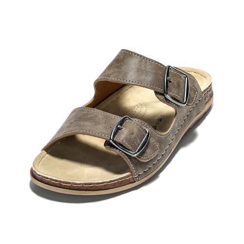 JOMIX Sandalias Hombre Verano Con Hebilla, Chanclas Cómodas Para Playa, Piscina y Mar, Piel Marrón, 43 EU