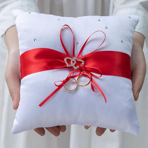 image for Tyenaza Wedding Ring Pillow, 8 x 8 Inch Wedding Ring Bearer Pillow Red