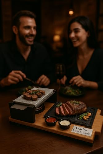 Miniatura 6 de Piedrasar Piedra Volcánica Para Asar, 15x20 Cm, Set Con Plato De Pizarra, Quemador De Alcohol Y Salseros, Base De Roble