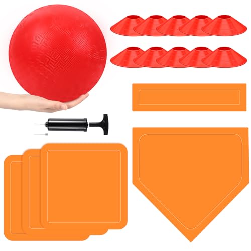 Hiboom 16 Pcs Sports Kickball Set Includes 10 Inches Playground Ball 5 Rubber Throw Down Bases Ball Pump 10 Foul Line Cones for Kids Adults Playground School Backyard Game Camps Picnic (Orange) by Hiboom - Used condition - US$27.70