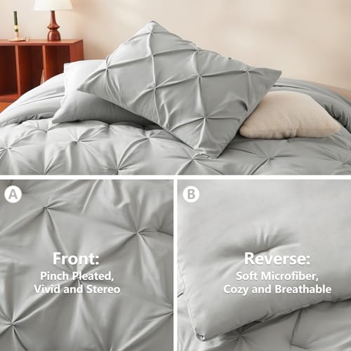CozyLux Twin XL Comforter Set Light Grey, 5 Pieces Twin Extra Long Pintuck Bed in A Bag for College Dorm, Pinch Pleat Bedding Set with Comforter, Sheets, Pillowcase & Sham
