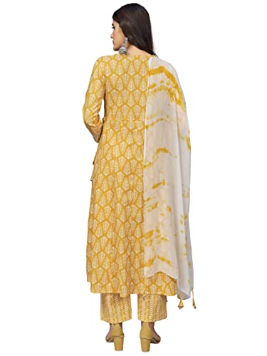 Image of Vbuyz Women's Cotton Print & Sequience A-Line Stitched Kurta Pant with Dupatta (VF-KU-1721-SKD-40 Yellow Large)