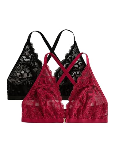 Image of MakeMeChic Women's Plus Size Lace Bralette Front Closure Bras Wireless Deep V Triangle Sexy Lace Bra