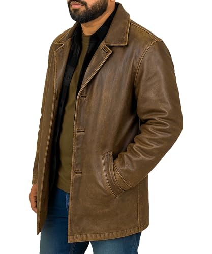 Men’s 3/4 Mid-Length Genuine Leather Trench Blazer - Vintage Classic Hunter Style Long Leather Car Coat Jacket2