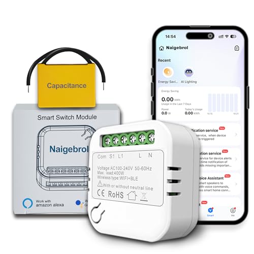 Naigebrol Smart Light Switch，No neutral wire required ，Works with Alexa and Google Home Assistant，Remote Control，Mini DIY Realy Module，Applicable to Wall Sockets and Switches，1 Gang White