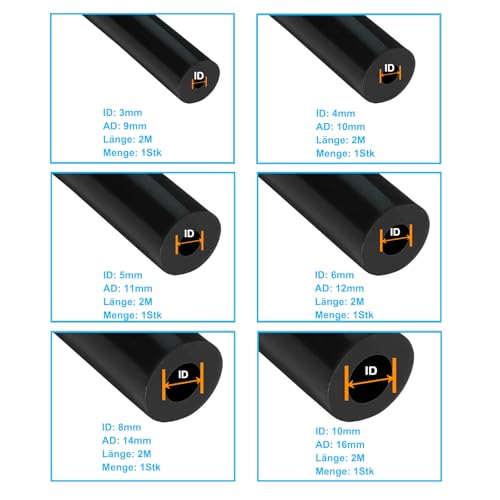 Silikon-Vakuumschlauch 2M 6 Stück mit Nylon-Verbindern 12 Größen122 Stück | Innendurchmesser 3/4/5/6/8/10mm | Hochleistung 130PSI | Für Luft und Wasser | Schwarz
