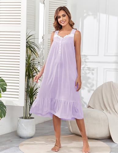 Image of Viakeo Cotton Nightgowns for Women Long House Dress Soft Sleepshirts With Pockets S-3XL