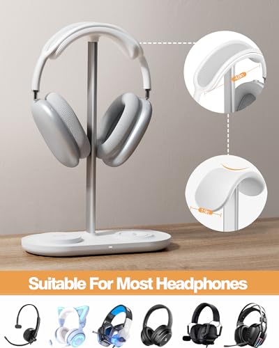 HiWe 3-in-1 Headphone Stand - Universal Desktop Gaming Headset Holder with Wireless Charger for Phones/AirPods/iWatch, Aluminum Alloy Rod, Leather Pad, ABS Solid Base, White - Image 3