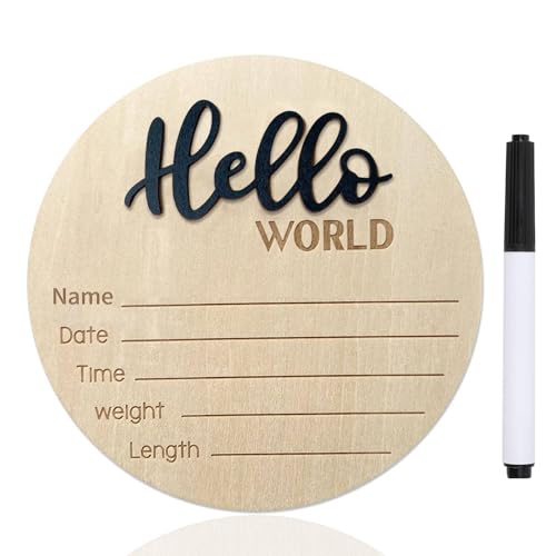 Image of Baby Announcement Sign, 5.9 Inch Wooden Hello World Newborn Signs, Birth Announcement Sign, Baby Shower Hospital Nursery for Newborn Boys and Girls (Black,Pen)