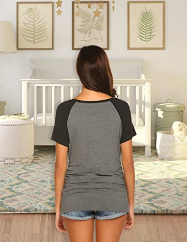 Ekouaer Maternity Shirts Nursing Tops Tunic Short Sleeve Henley Tunic T-Shirts Maternity Tees For Women Breastfeeding(Grey L) #TOP3