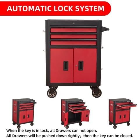 Miniatura 7 de LuckyNote Cofre de herramientas rodante de 3 cajones de 28 pulgadas con ruedas, gabinetes de herramientas de acero con cajones, forros y sistema de