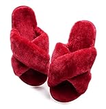Crazy Lady Women's Fuzzy Fluffy House Slippers Cute Plush Memory Foam Shoes Cross Band Indoor Outdoor Open Toe Sandals(06/Wine Red, 8.5-9.5)