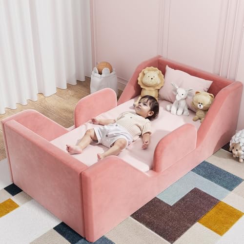 COSYSUPER Toddler Bed, Toddler Flood Bed with Extra Safety Broad, Standard Crib Size for Kids, Certified Fabric Toddler Beds, Pink