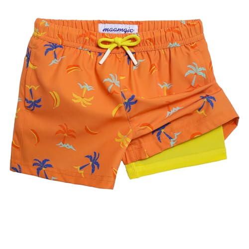 MaaMgic Bañador Niño con Forro 2 en 1 de Compresión y Cintura Ajustable Shorts Traje de Baño Bañador Corto de Natación Secado Rápido VÍA Multiple,Naranja Amarillo Palmeras de Colores Plátanos,8 años