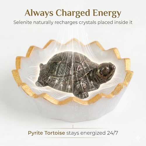 Image of Certified Natural Pyrite Tortoise (Kachhua) with Natural Selenite Charging Bowl - Vastu Feng Shui Wealth, Money Attraction, Positive Energy & Home Decor Crystal Set
