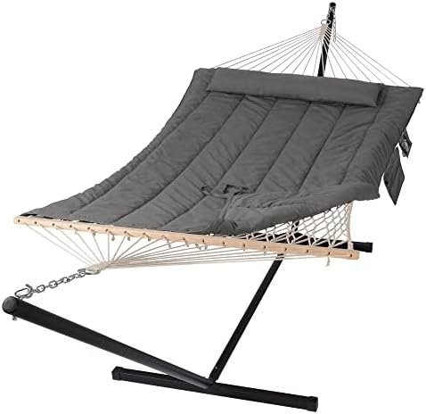 SUNCREAT Double Outdoor Hammock with Stand, Two Person Cotton Rope Hammock with Polyester Pad, Dark Gray