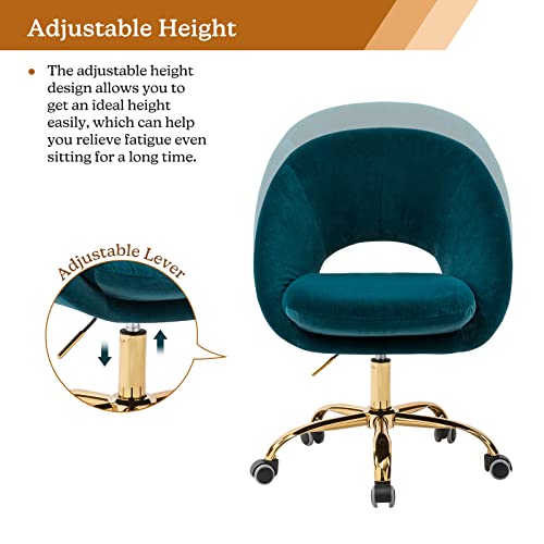 Tina's Home Modern Velvet Office Chair With With Adjustable Swivel, Comfy Upholstered Desk Chair With Open Back, Small Cute Chair For Living Room Study Vanity, Teal #TOP1
