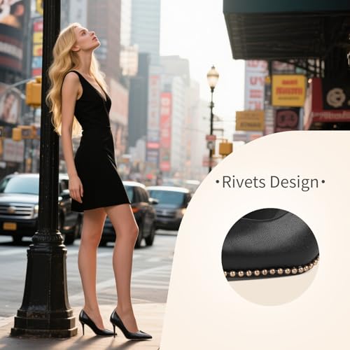 LingxiaUne Women’s Black Pointed - Toe Stiletto Heels – Elegant Gold Studs Decorated High Heel Dress Shoes for Office & Formal Occasions4