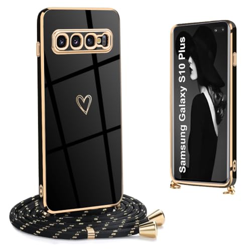 Funda con Cordón para Samsung Galaxy S10 Plus, Amorcorazón Patrón Galvanoplastia Carcasa Antigolpes TPU Suave Silicona Funda con Cuerda para Samsung Galaxy S10 Plus, Negro