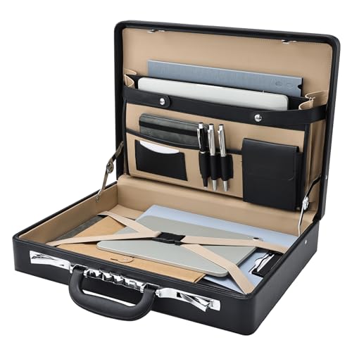 Briefcases for Men Carrying Case Document Attache Case for 16 Inch Laptop Waterproof Faux Leather Multi File Organizer with Anti-Theft Lock Professional Business Case for Work Office Travel Black