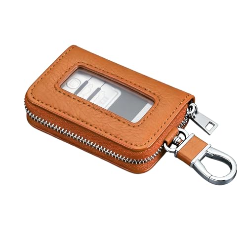 Fiknonk 1PC Car Key Fob Case, Leather Car Key Holder for Purse, with Transparent Window and Metal Hook, Universal Keychain Bag for Car Remote (Yellow)