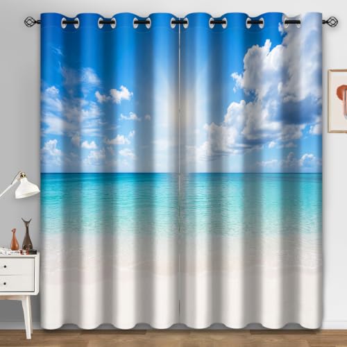 Aimego Blackout Curtains Print Drapes for Bedroom Living Room Window Treatment Grommet Top Room Darkening 2 Panel Set, Blue White, 52" W x 84" L