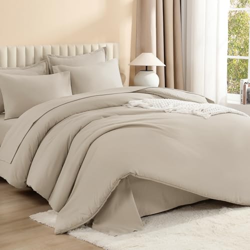 Litanika Comforter King Size Set Oatmeal - 7 Pieces Bed in a Bag King Bedding Comforter Sets, Plain Lightweight Bed Set with Comforter, Sheets, Pillowcases & Shams