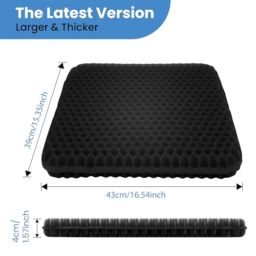 BTDZDD Gel Sitzkissen, Orthopädisch Doppelschicht Verdickung Sitzkissen mit Rutschfester Stoffhülle Atmungsaktives Stuhlkissen für Bürostuhl (Schwarz, 43cm*39cm*4cm)