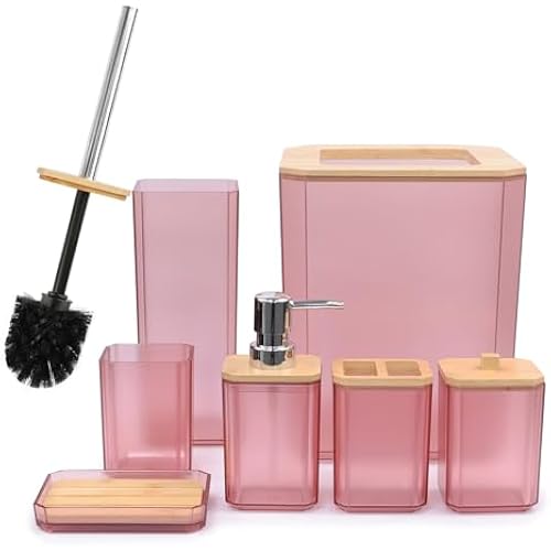CERBIOR Bamboo Bathroom Accessories Set 7 Piece Bath Ensemble,Pink