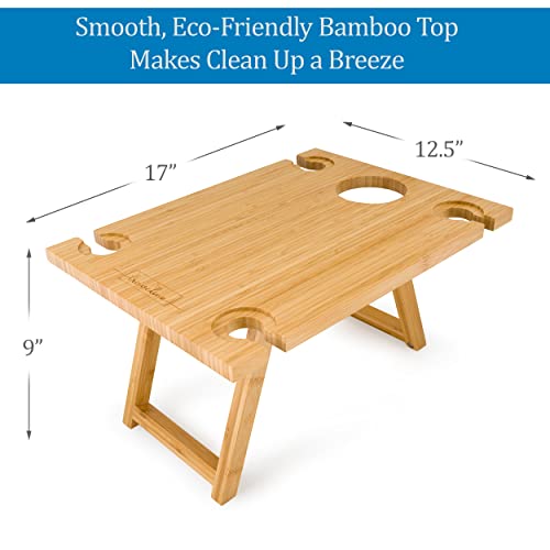 Travelino Portable Picnic Table With 1 Bottle & 4 Glass Holders - Foldable Table With Ceramic Bowls, Corkscrew & Carry Bag - Wine Picnic Table For Beach & Camping - Wooden Portable Table For Gift #TOP4