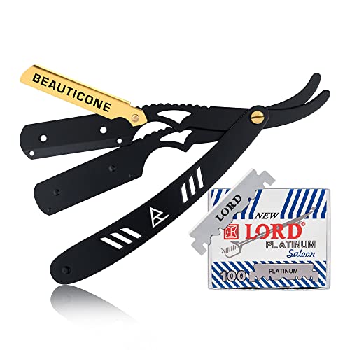 BEAUTICONE Straight Razor for Men, Professional Gold Plated Barber Razor with 100 Single Edge Blades, Straight Edge Single Blade Razors for Men