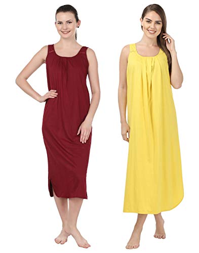 Image of BLAZON Women's Cotton Nighty Slip - Set of 2 (Maroon & Yellow)