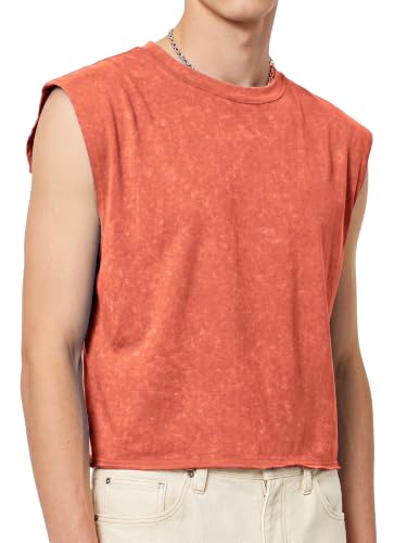 PLEPAN Men's Cropped Cotton Sleeveless Tank Tops Streetwear Washed Vintage Muscle Tee Shirts Red Medium — view 2