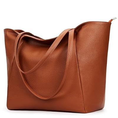 KALIDI Borsa shopper da donna in pelle PU, grande borsa a tracolla con chiusura lampo, per lavoro, shopping, scuola, marrone, 13.8 x 6.7 x 14.2 inches