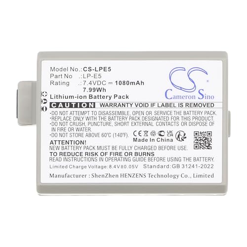 LP-E5 TECHTEK Batteria 1080mAh compatibile con [Canon] EOS 1000D, EOS 450D, 500D, Kiss F, Kiss X2, X3, Rebel T1i, Rebel XS 18-55IS Kit, Xsi, XSi EF-S 18 FBA