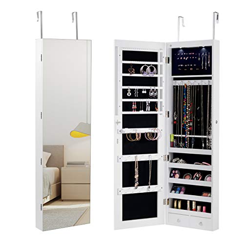HAPPYGRILL Armario de joyería montado en la puerta de la pared, organizador de almacenamiento de joyas con cerradura con espejo de longitud completa, 2 luces LED y 2 cajones, armario de joyería con