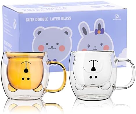 SHENDONG Cute Cat Mugs Set of 2 Cute Cups Cat Tea Coffee Cup 8.5oz Milk Cup Double Wall Insulated Glass Espresso Cups Glass Gift for Personal Birthday Valentine's Day and Office (2 Pack, White Cat)