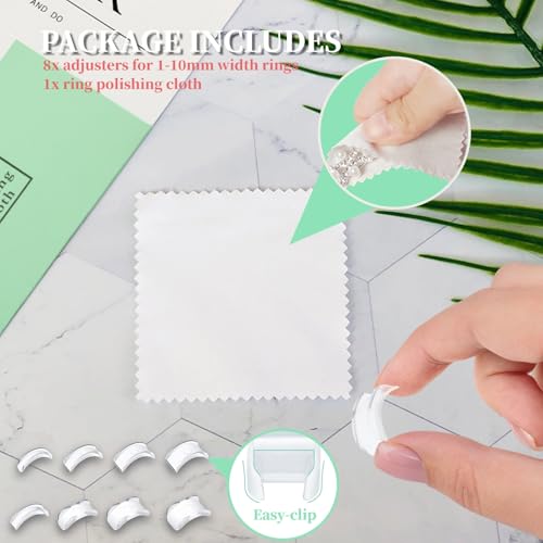 Ring Sizer Adjuster for Loose Rings, 8 Pack Easy Clip Transparent, for 1-10 mm Assorted Band Widths, Silicone Ring Size Adjuster with Ring Guards for Women and Men, Jewelry Polishing Cloth - Thumbnail 5