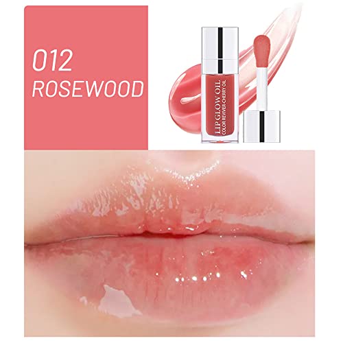 Zarics Plumping Lip Oil, Hydrating Lip Gloss Tinted Lip Balm Lip Care Transparent Toot Lip Oil, Long Lasting Nourishing Lip Glow Oil Non-Sticky Big Brush Glitter Shine Primer Lip Tint (Rosewood) #TOP1