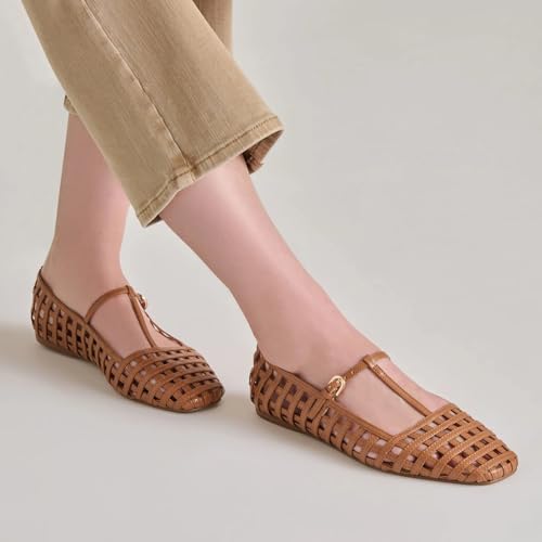 Women's Mesh Mary Jane T-Strap Woven Ballet Flats Shoes for Women with Buckle Strap Square Toe Ballerina Flat Shoes2