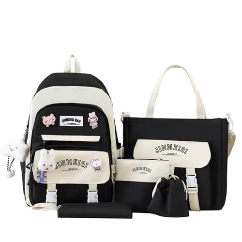 Feigujin Conjunto de 5 peças de mochilas fofas Kawaii com pingente de urso, patchwork, estética japonesa, anime, coelhinho, kit de mochila, Preto, japonesa