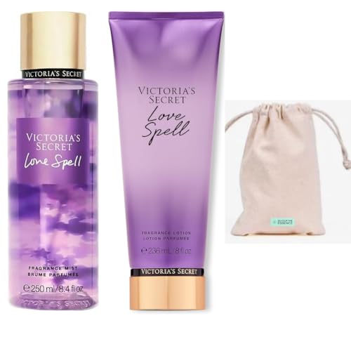 VS Love Spell Womens Body Spray and Lotion Set | Love Potion Scented Body Splash Gift Set with Perfume Body Lotion for Women & Girls | Savour The Esssence Fabric bag