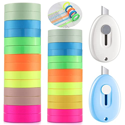 28 Rolls Removable Highlighter Tape With 2 Knife, 14 Rolls 0.31 Inch Wide And 14 Rolls 0.24 Inch Wide, Multi Color Marking Sticker Removable Fluorescent Colored Tags For Reading Class, 16 Ft Per Roll #TOP26