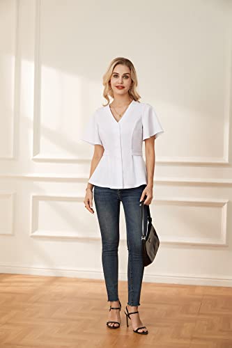 Grace Karin Women's Peplum Tops V Neck Ruffle Short Sleeve Shirts Fashion Dressy Casual Blouse For Spring Fall White S #TOP6