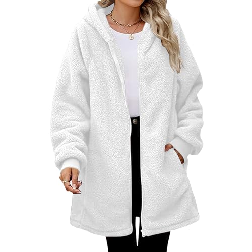 Women's Sherpa Fleece Jacket Winter Faux Fur Jackets Oversized Warm Full-Zip Hoodie Cardigan Coat with Pockets​