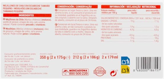 Mejillones de Chile en Escabeche, Cozze Cilene in Salamoia, Cattura Selvaggia, 350g (2x175g), Confezione da 2, pack 3