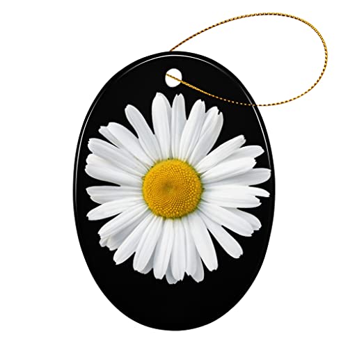 Christmas Ornament Daisies Floral Christmas Tree Pendant Hanging Decoration Oval Ceramic Ornament 3 Inch #TOP2