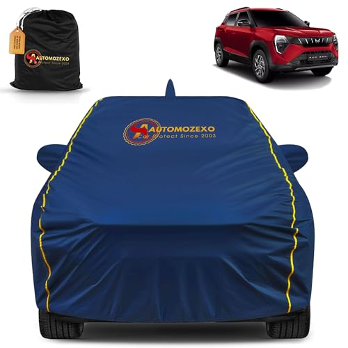 Image of XUV 3XO 100% Waterproof Car Cover for All Weather Protection with Mirror & Antena Pocket Inner Cotton Triple Stitched Cover with Adjustable Belt Bottom Elastic to Secure Fit -Blue