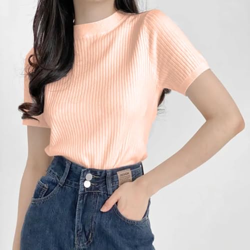 Image of Istyle Can Plain Round Neck Rib Knit Regular Top for Women (in, Alpha, S, Regular, Peach)